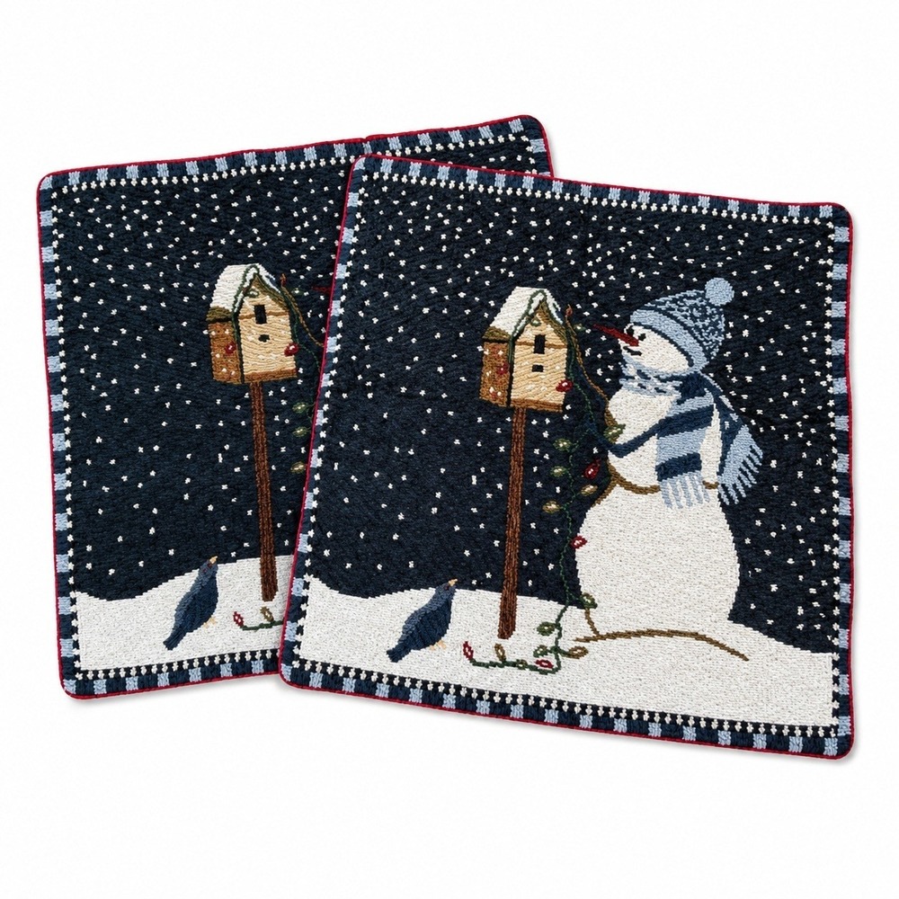 2 Christmas Tapestry Snowman & Birdhouse 15" Pillow Covers (No Inserts)
